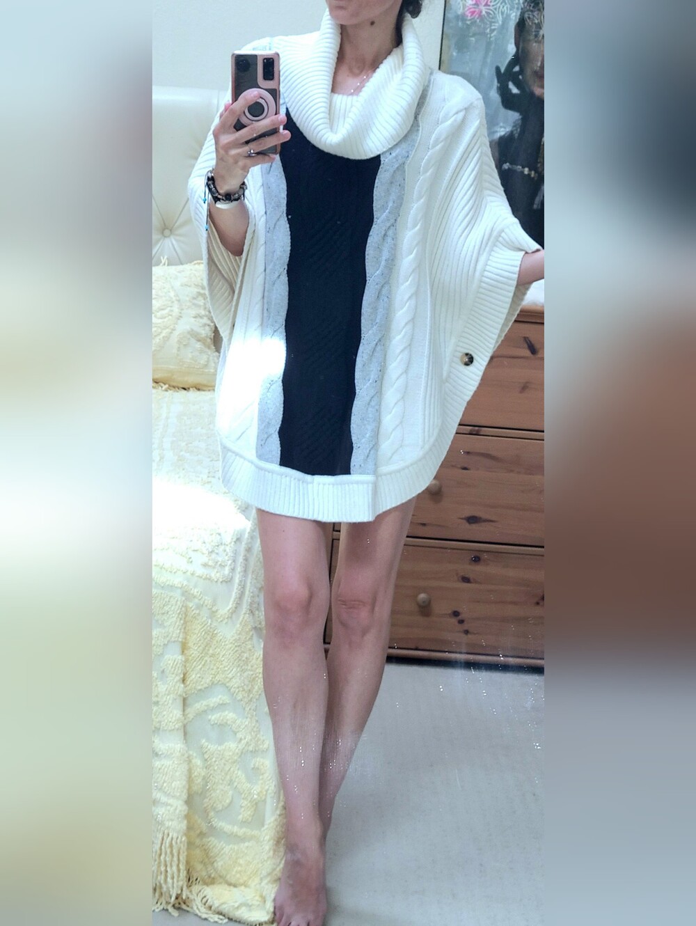 NWOT Talbots White Cable-Knit Poncho Sweater with Black Panel